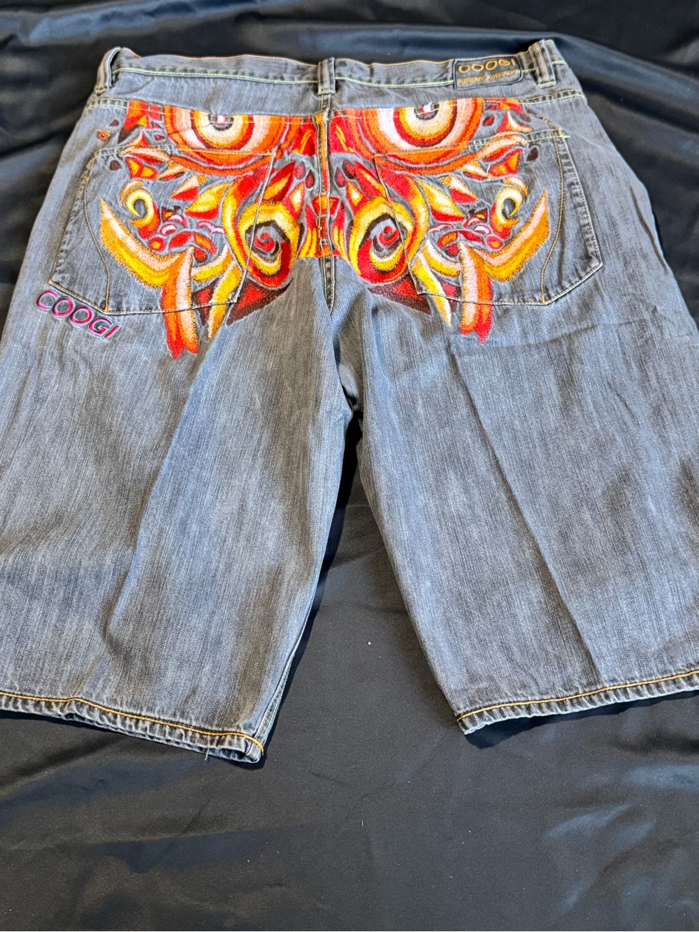 COOGI Gray Denim Shorts with Red, Orange & Yellow Embroidery